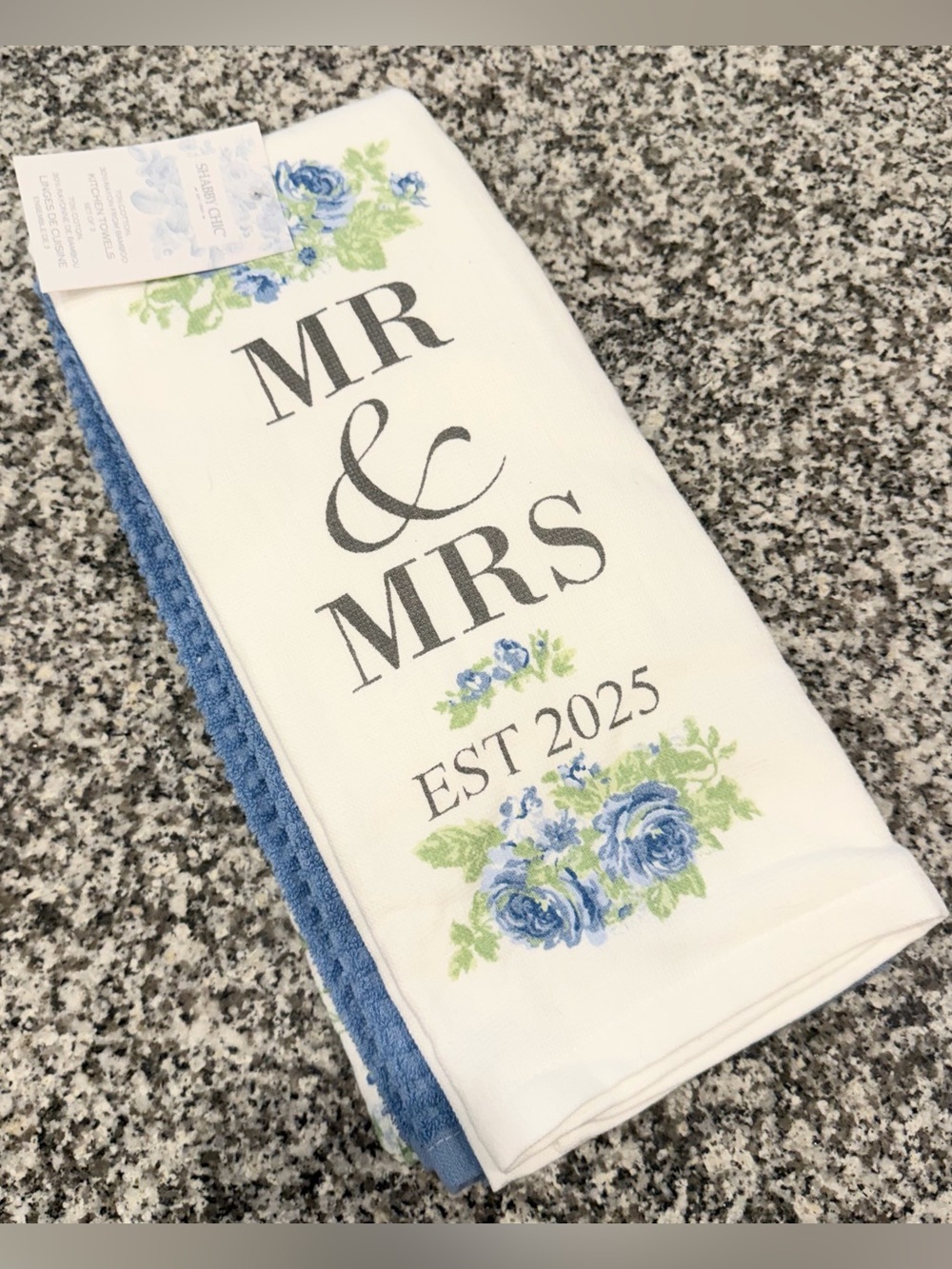 Shabby Chic Mr & Mrs Kitchen 2025 Wedding Towel Set with Blue and Green Floral